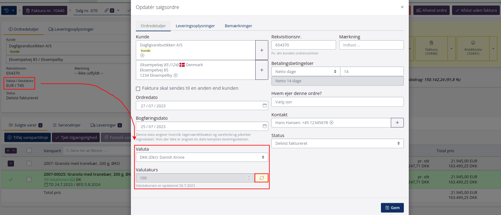 Ret valuta og opdater valutakurs