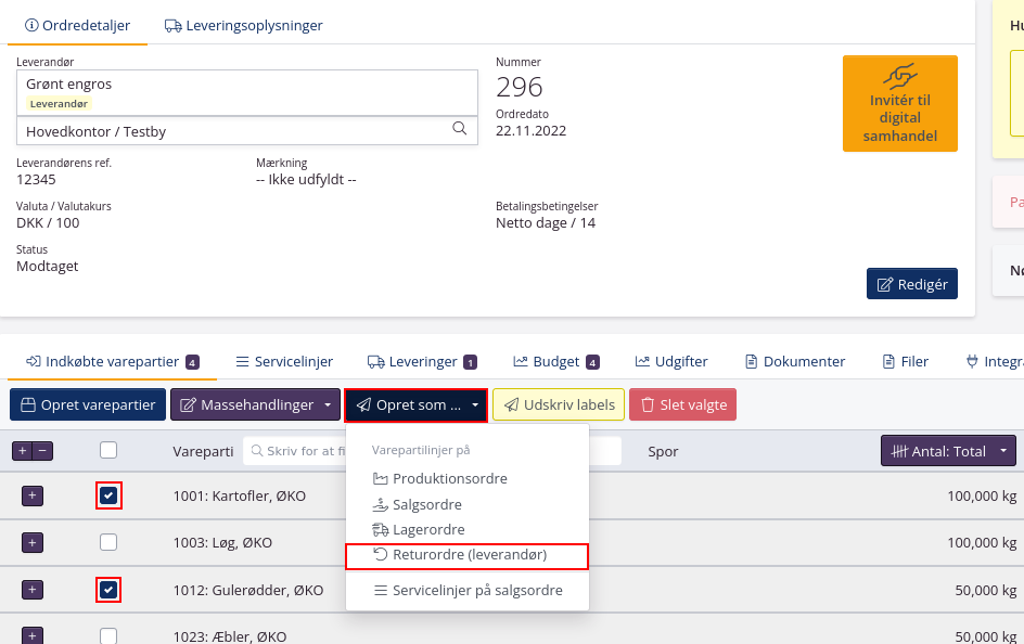 Genvej lav returordre til leverandør