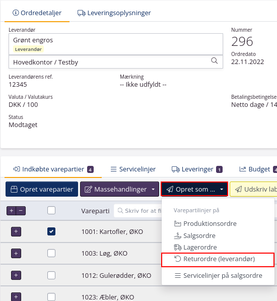 Genvej lav returordre til leverandør