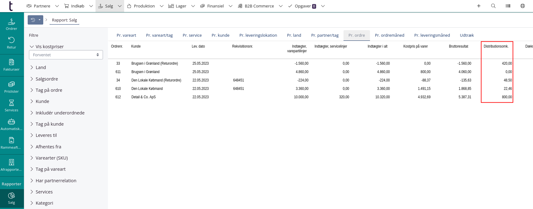 Salgsrapport distributionsomkostninger og kostpris ift. returordrer