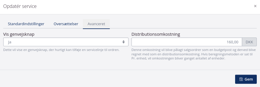 Genvejsknap og distributionsomkostning