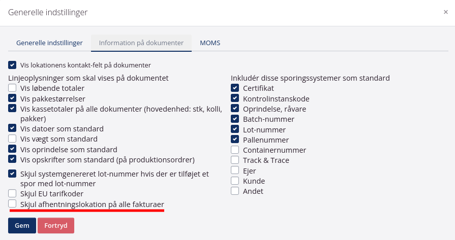 Vis ikke afhentningslokation på fakturaer