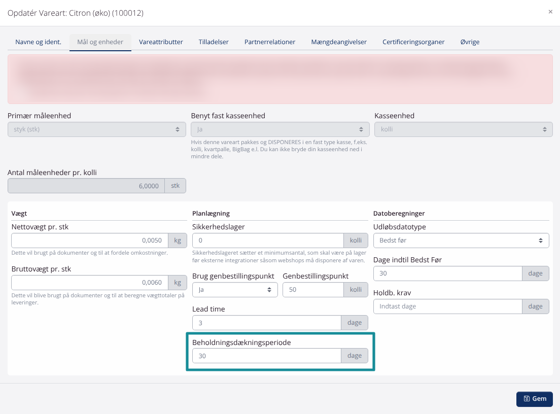 SKU-indstilling: Lagerdækningsperiode