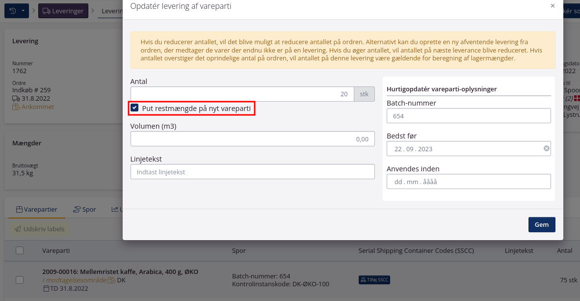 Tilføj nyt vareparti ved opdeling fra leveringsvisningen