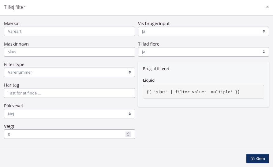 Eksempel filter til dashboard