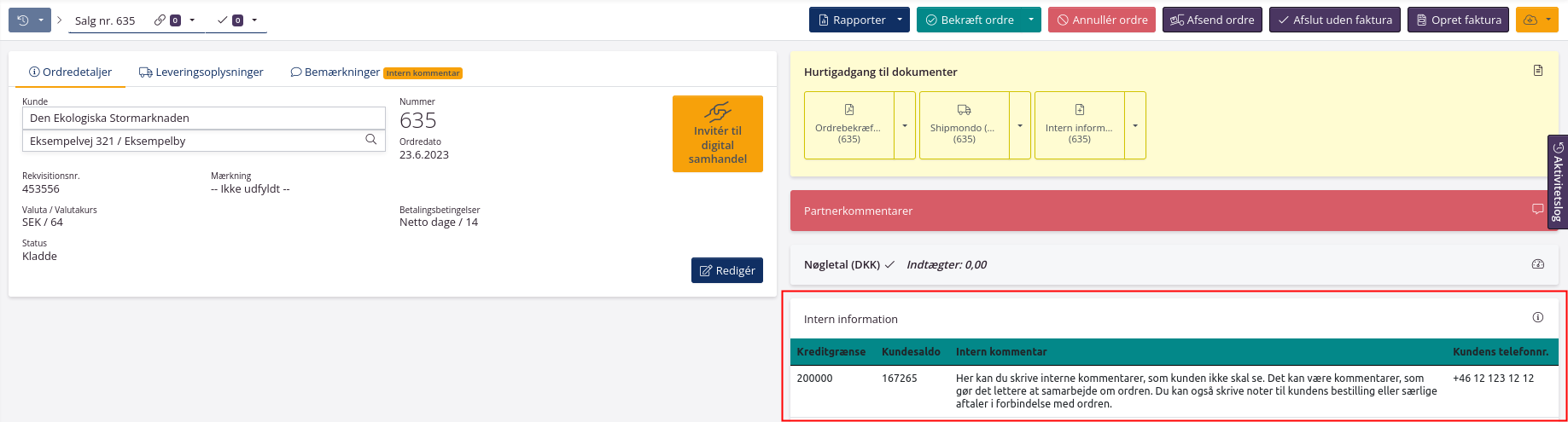 Brugerdefineret sektion på salgsordre