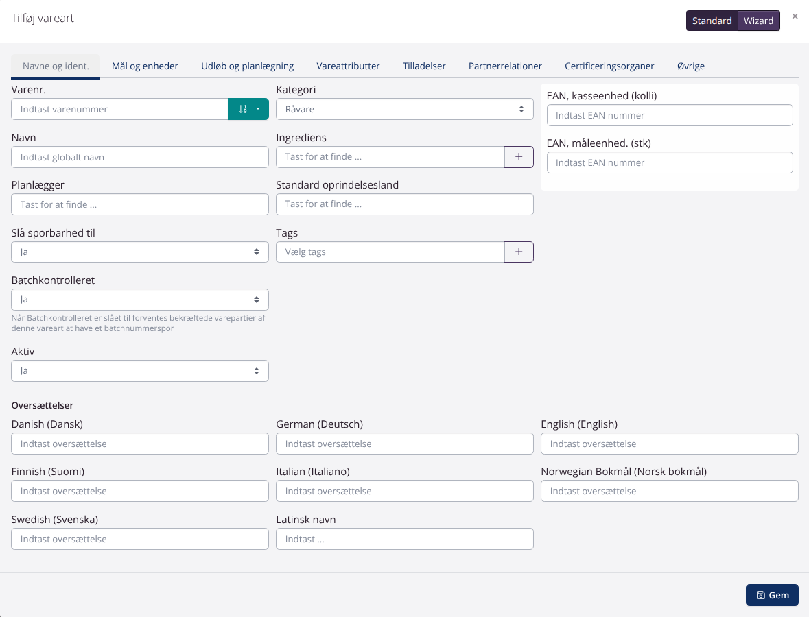 Tilføj vareart vindue