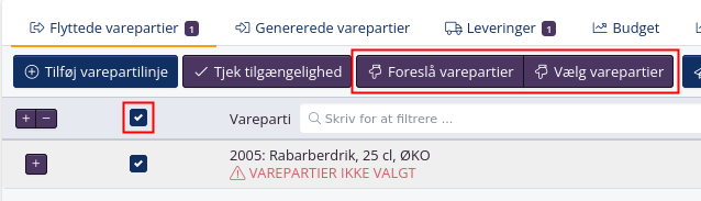 Vælg eller foreslå varepartier