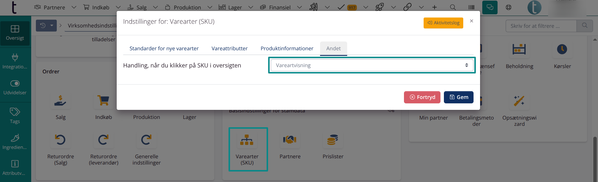 Virksomhedsindstillinger > Ny SKU-side