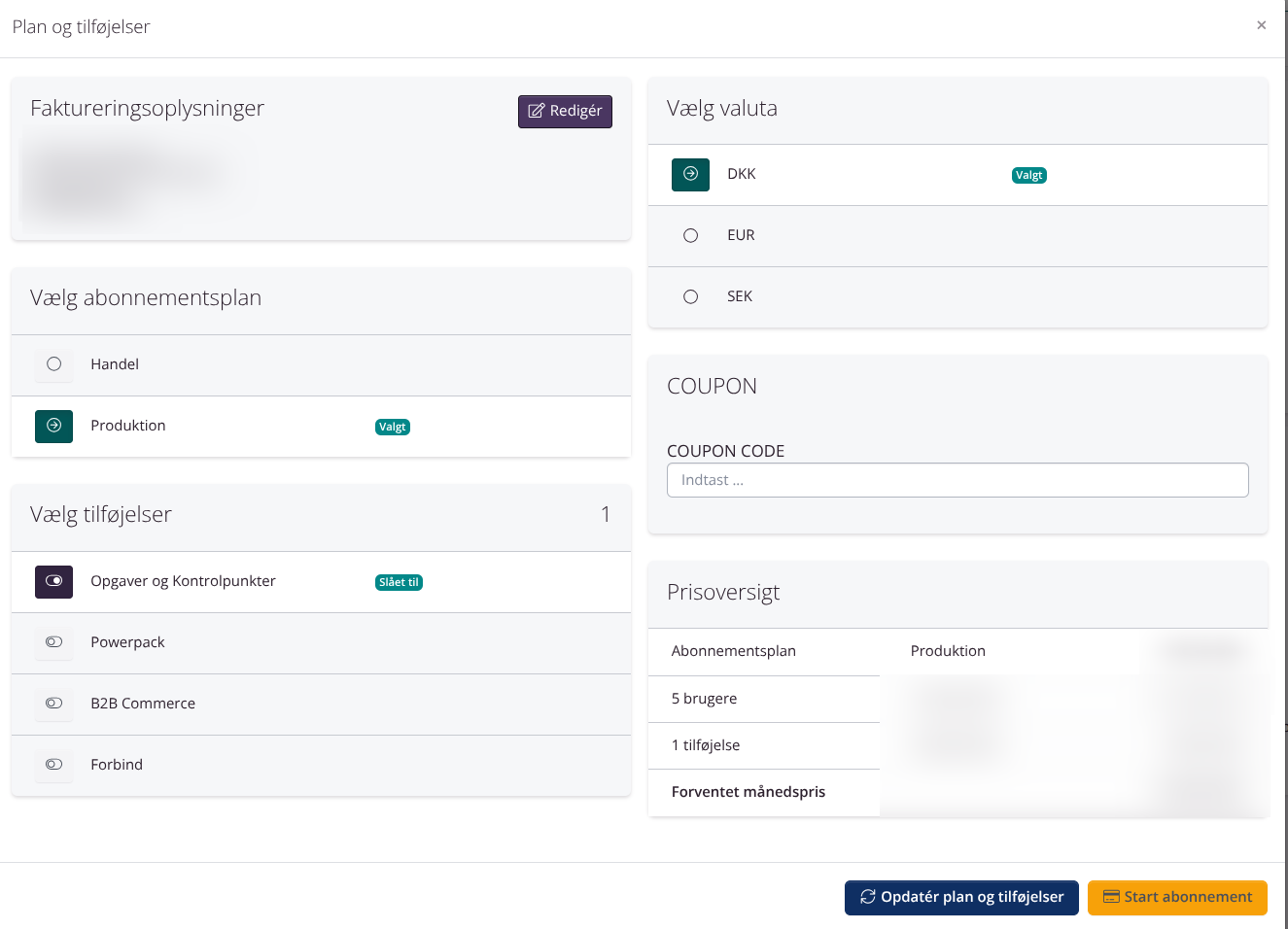 Vælg abonnement og tilføjelser