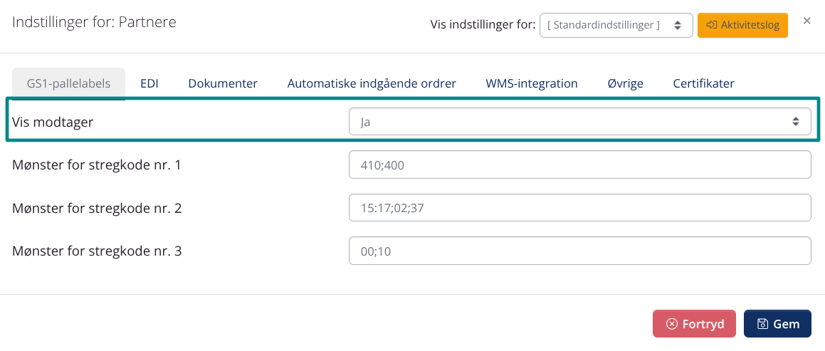 Virksomhedsindstillinger: Vis modtager