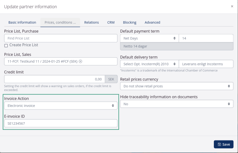 E-invoice via Fortnox