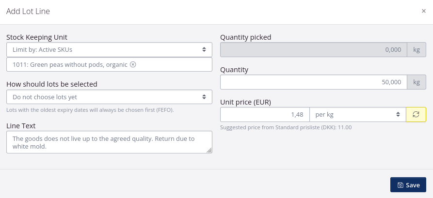 Supplier return example lot line