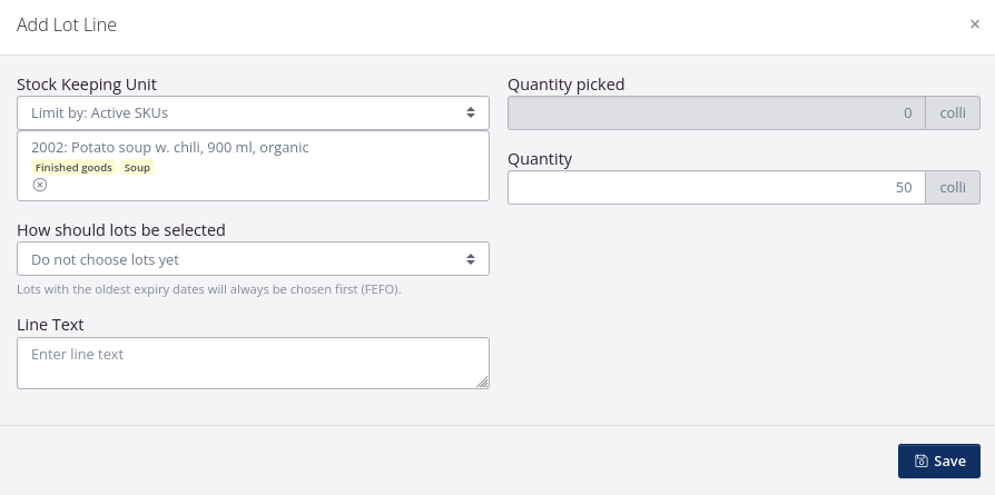 Add lot line to the warehouse order to move goods