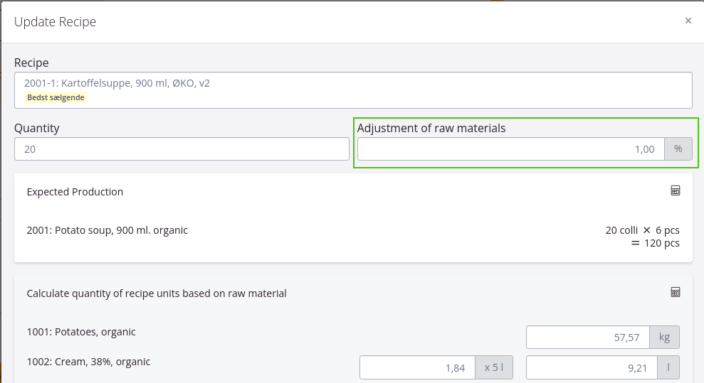 Adjustment of raw materials in recipes