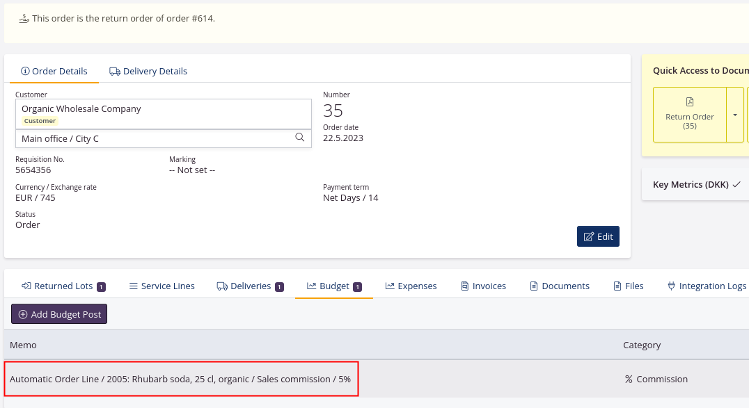 Example of automatic service line on return order