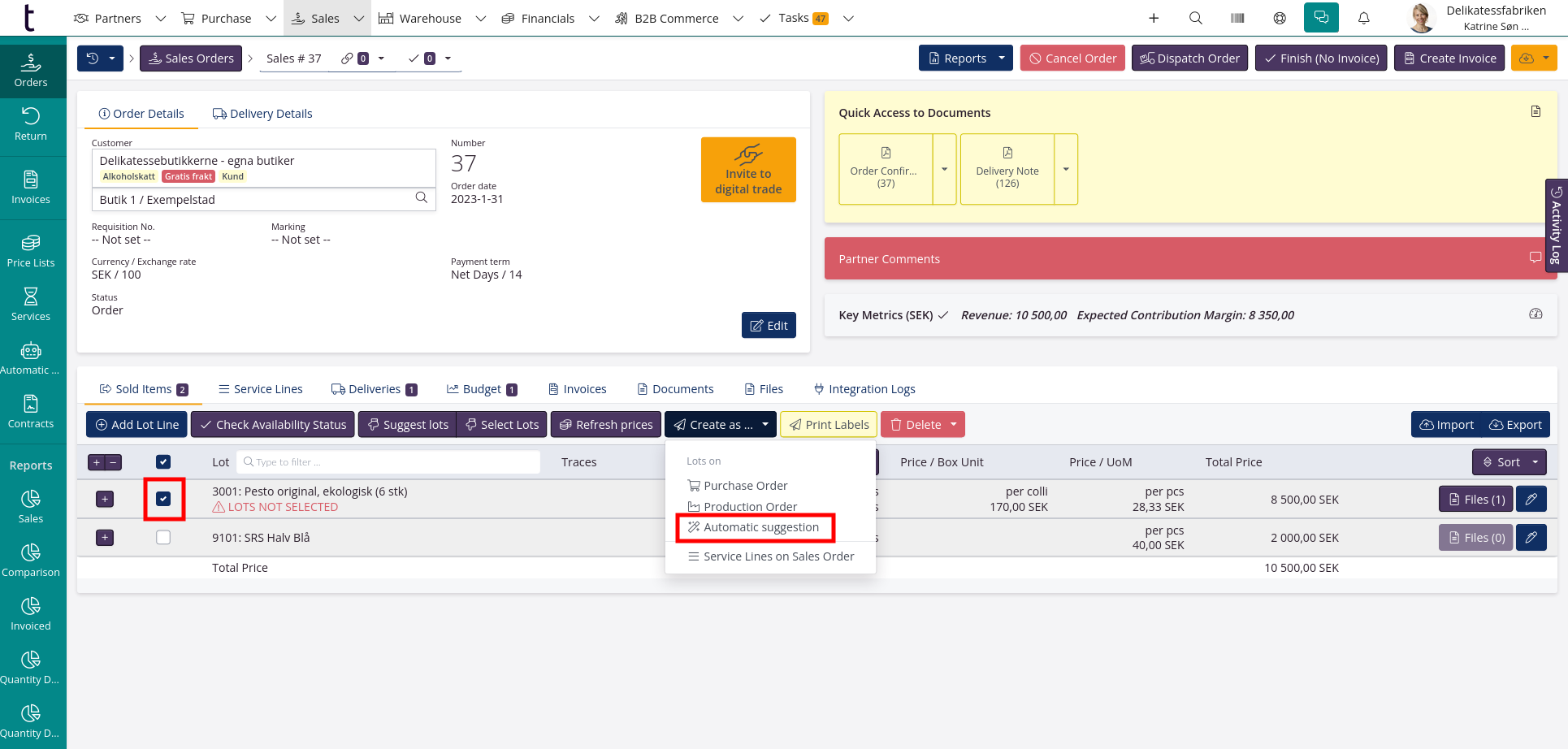 Creation of orders based on automatic suggestions