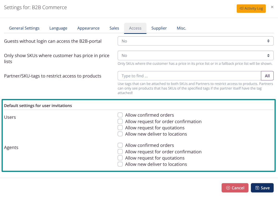 Company Settings > B2B Commerce > Default Settings