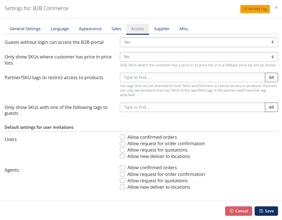 B2B Business Settings: Access