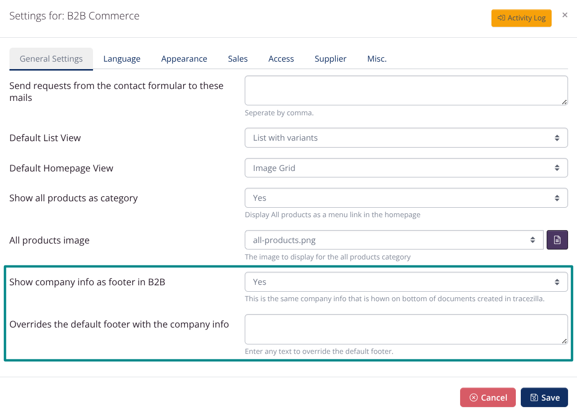 B2B Commerce: Footer Settings