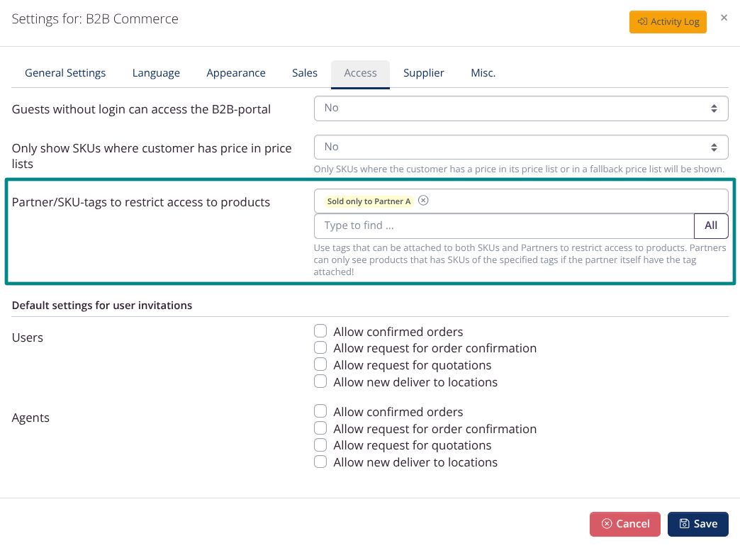 B2B Commerce Settings: Limit Access with Tags