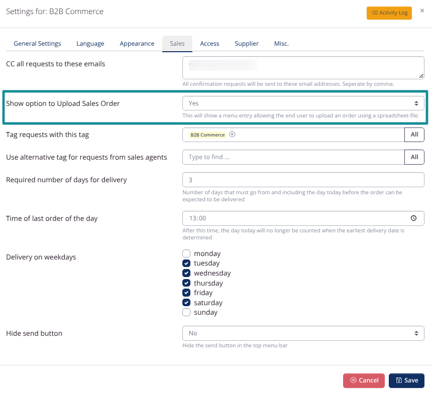 B2B: Show or hide the option to upload orders