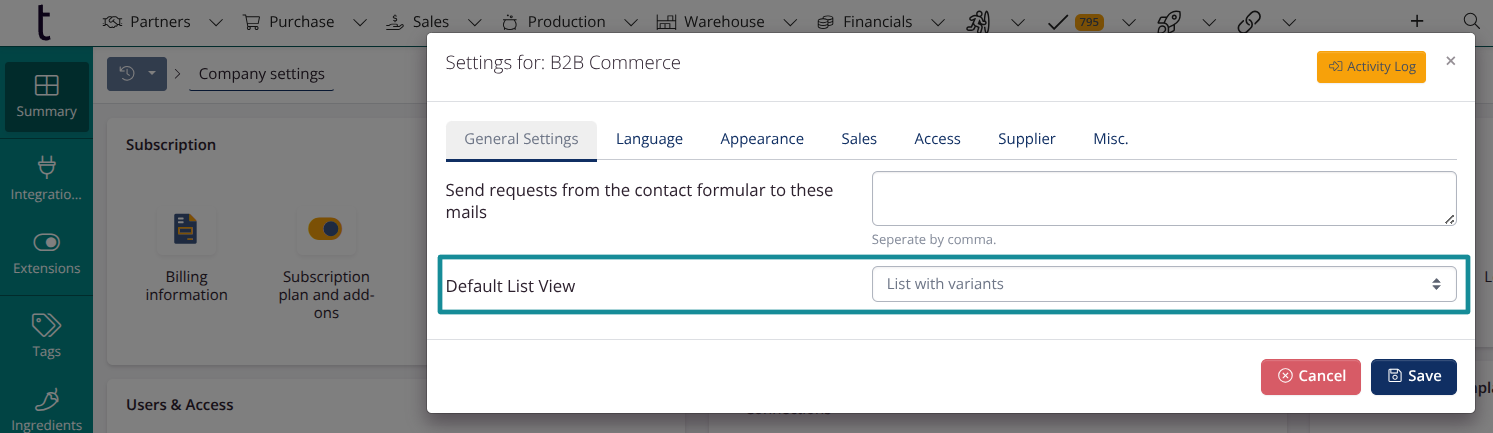 Variant list: Company setting