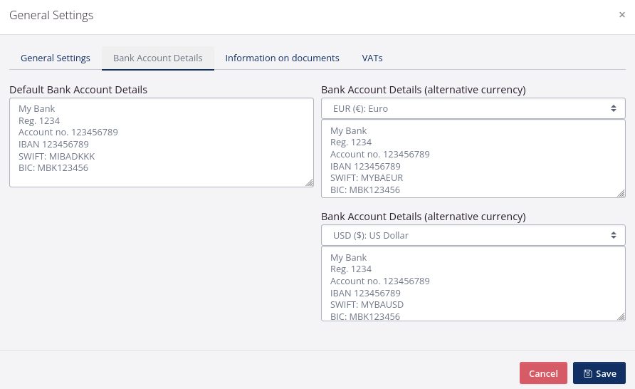 Enter default bank account details