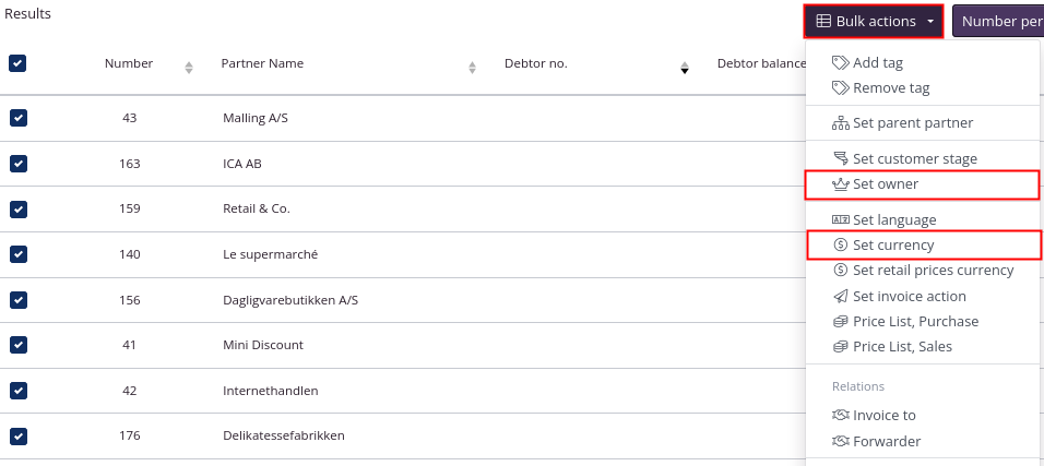 Set currency and owner on partners using bulk actions