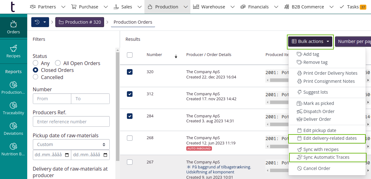 Bulk-actions in Production overview