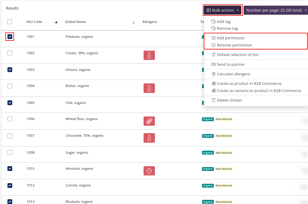 Bulk action update permissions on raw materials