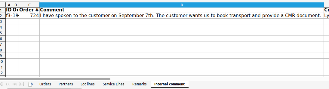 Internal comments and remarks in the order export