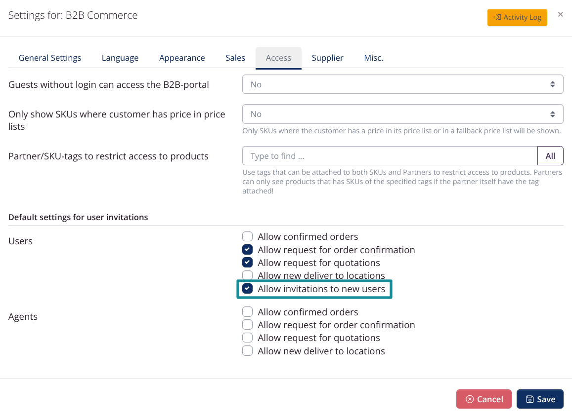Invitations from B2B - Default settings