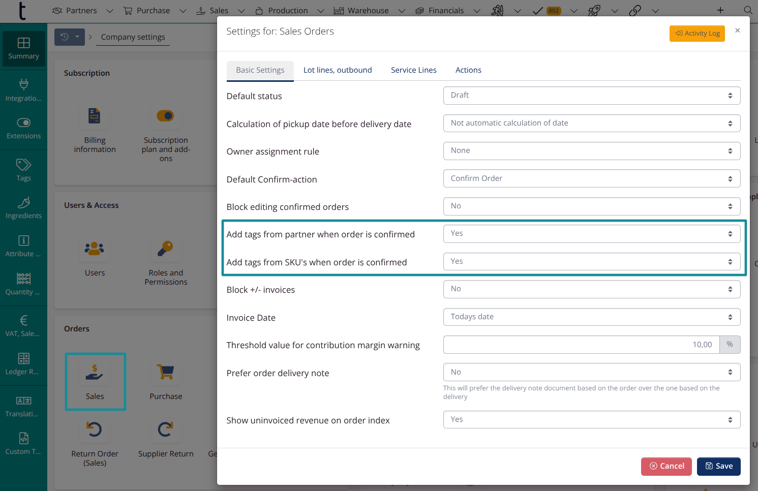 Transfer tags from partner & SKU to sales order