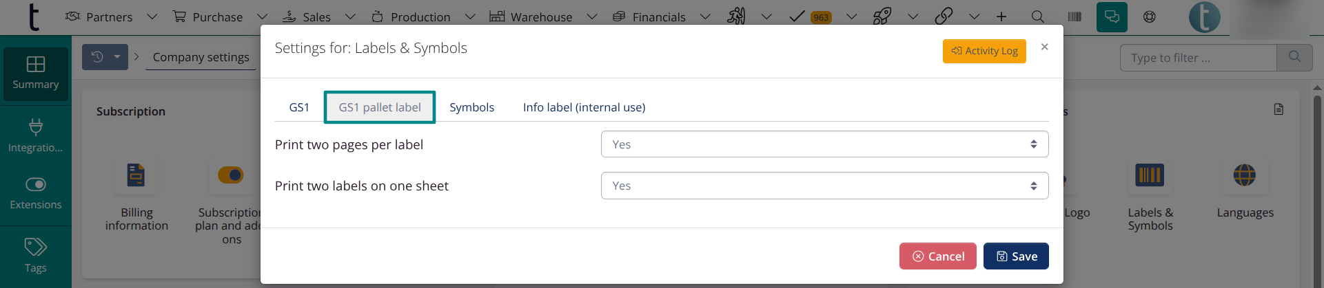 Company settings: Printer settings for GS1 pallet labels