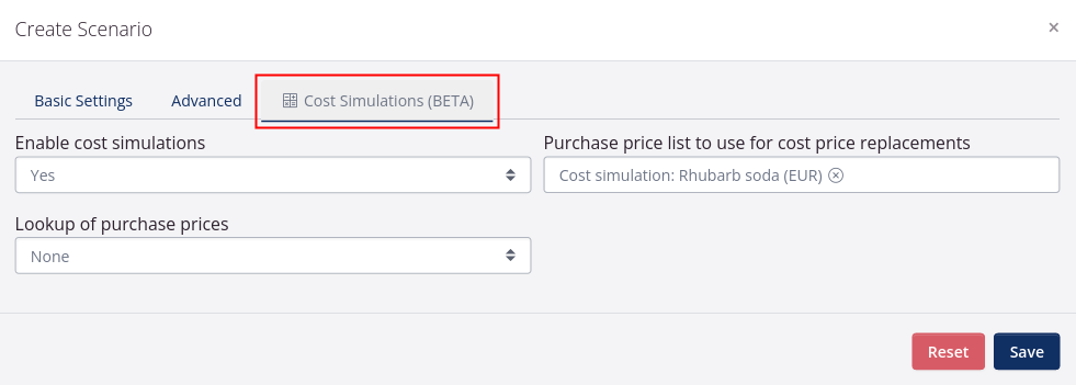 Creating a scenario with cost simulations enabled