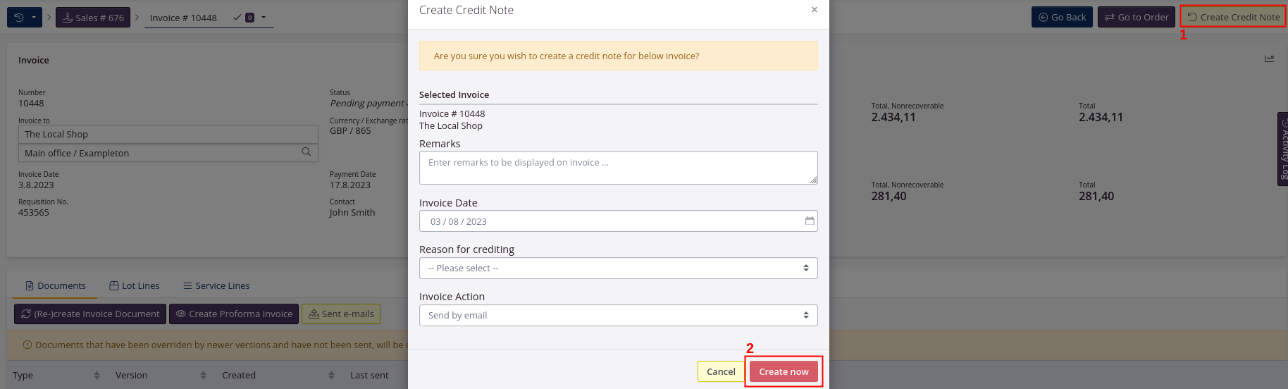 Create credit note for the invoice