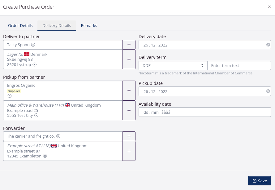 create purchase order and fill in the delivery details