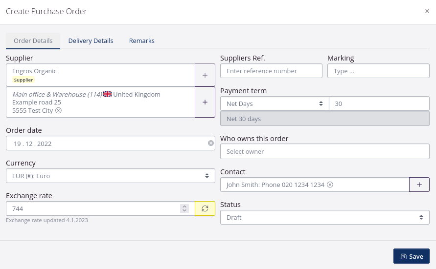 create purchase order and fill in the order details
