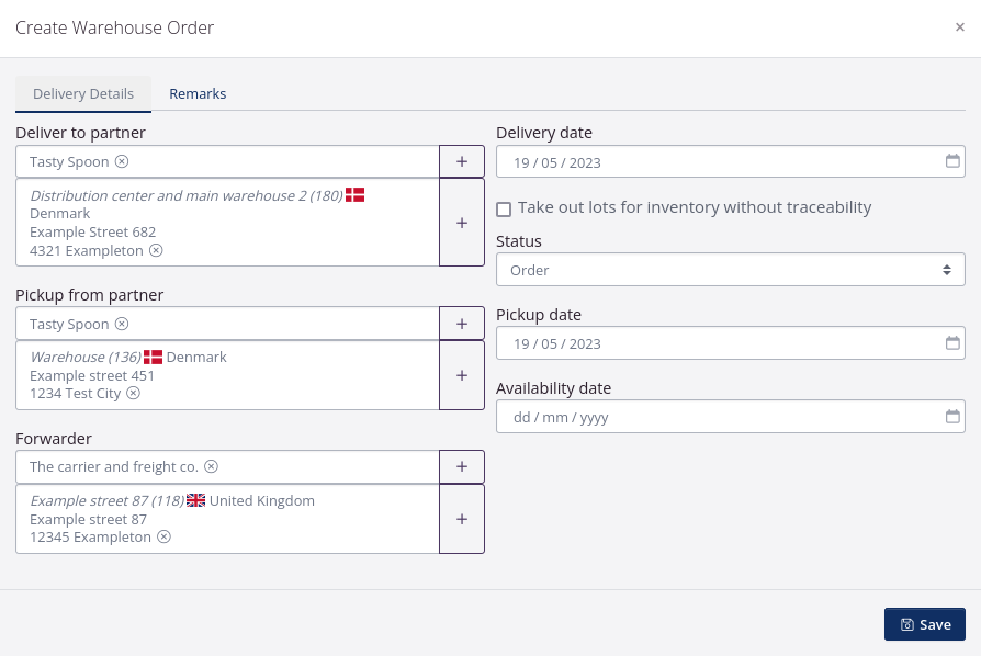 Create warehouse order and fill in delivery details