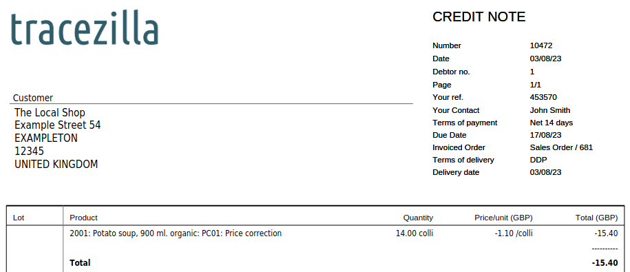 Credit note with price correction