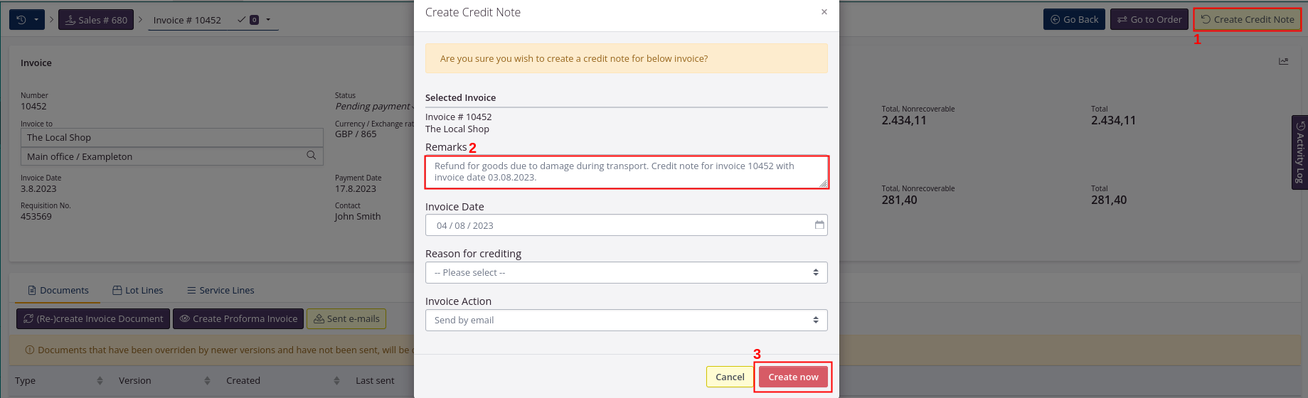 Create credit note - refund with no return of goods