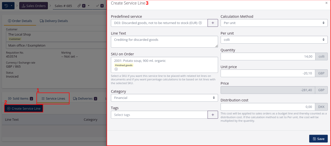 Add service line to create a credit note