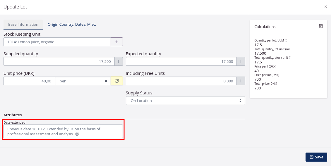 Comment field for shelf life extension