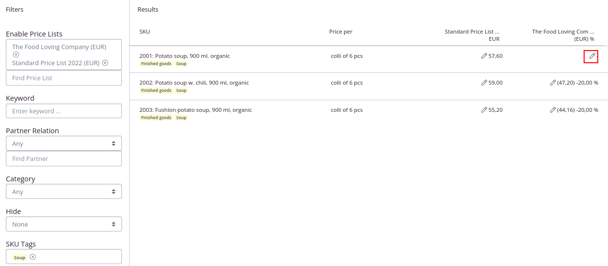 Deduct percentage from list prices