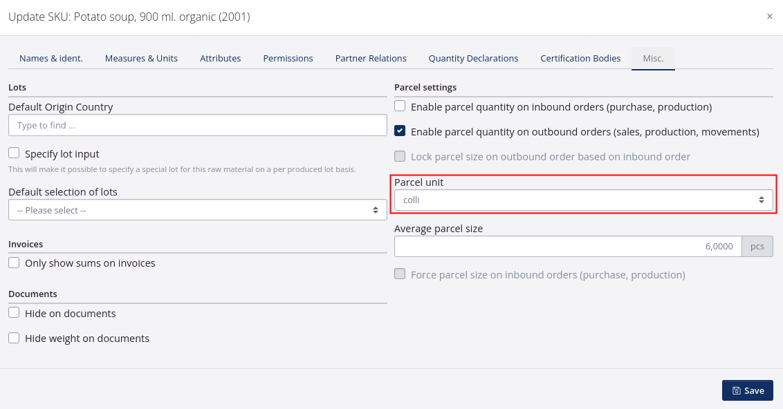 Parcel settings on SKU