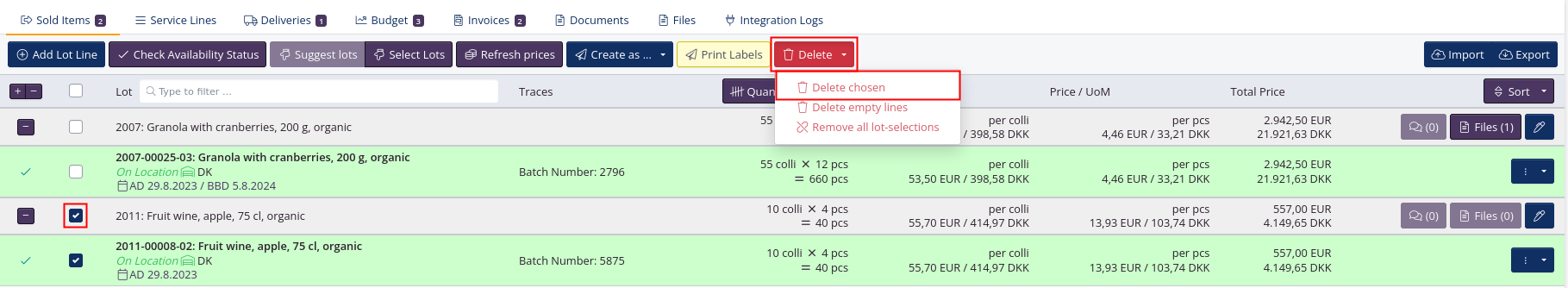 Delete chosen lot lines