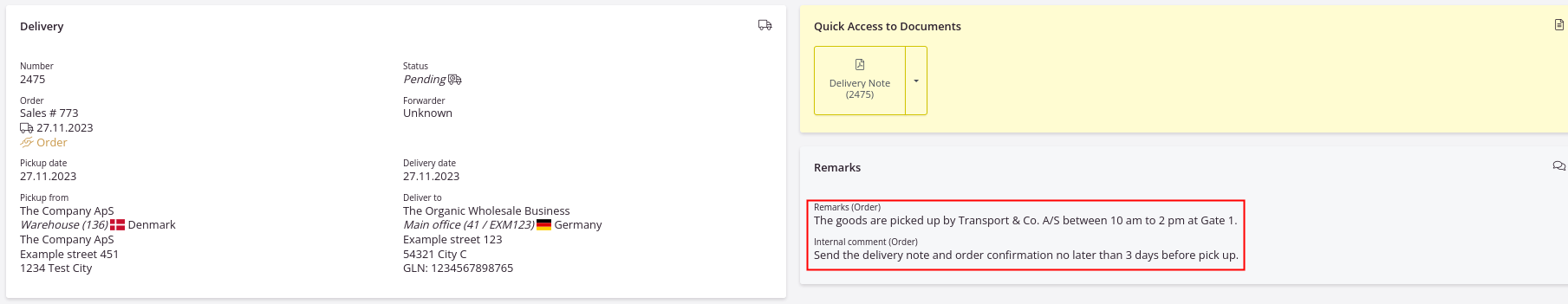 Order comment and internal remark in the delivery view