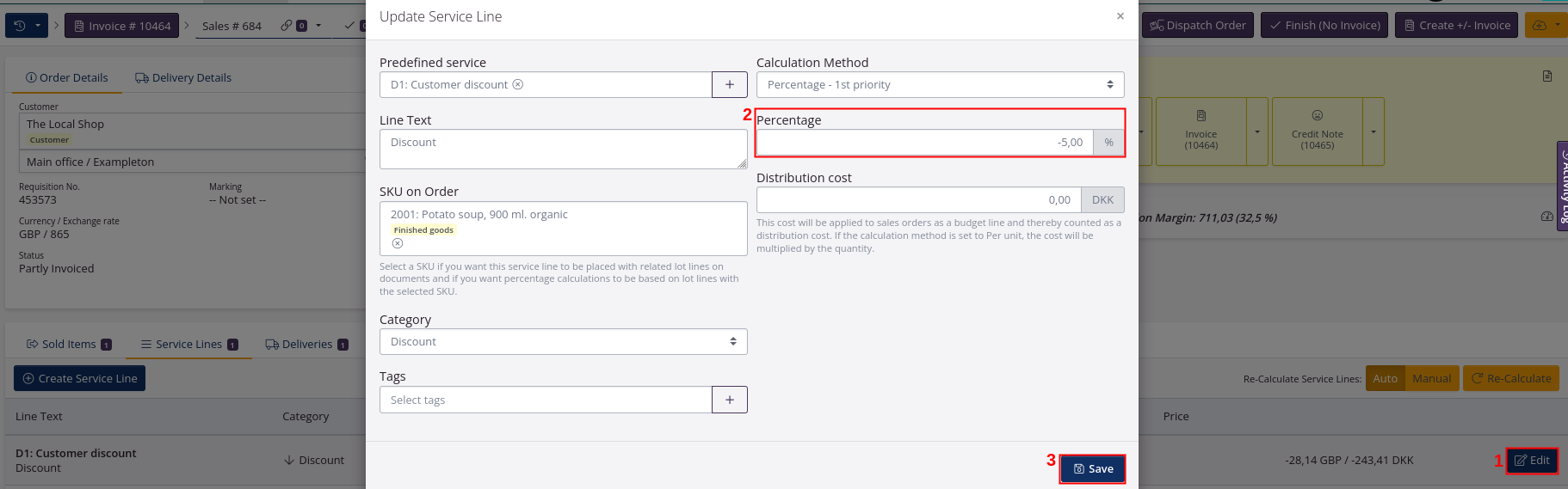 Edit discount service line