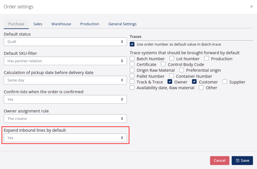 Order settings for expanding order lines by default